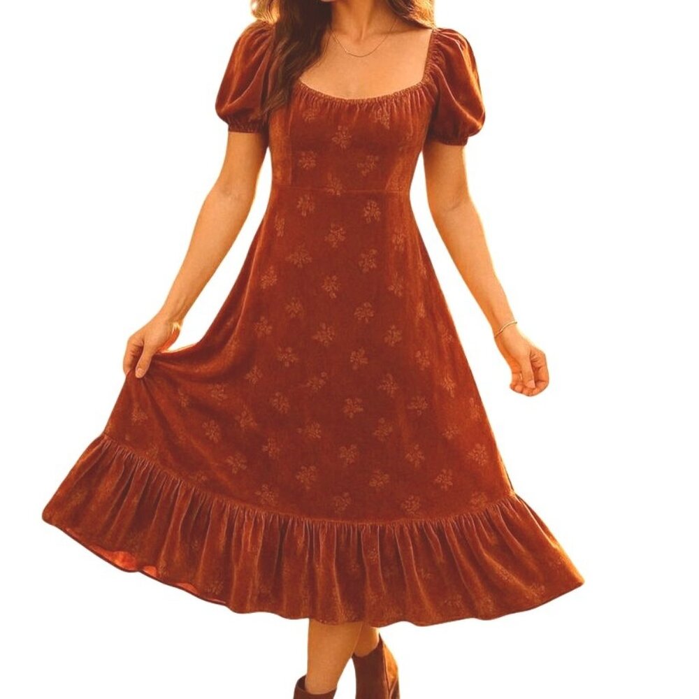 Lait Collection Velvet Dress Size XL Rust Floral Puff Sleeve Ruffle Hem Retro